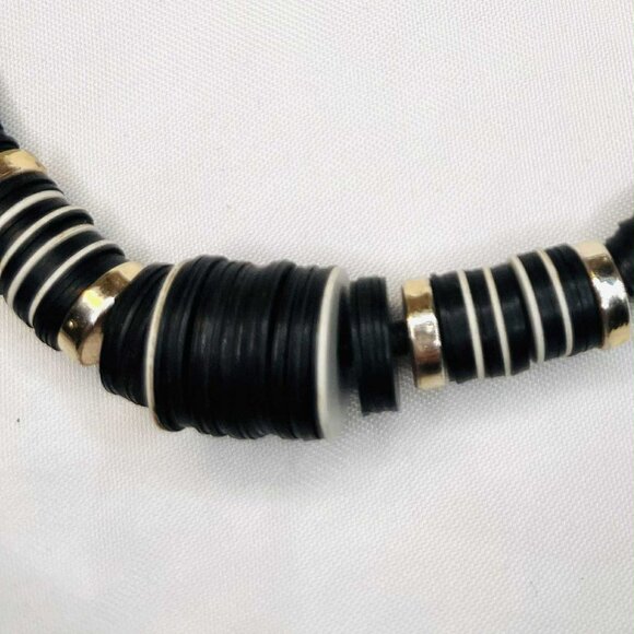 Vintage Handmade Black Disc Necklace 1980s, Layered Plastic Discs & Metal Accent - Picture 5 of 7